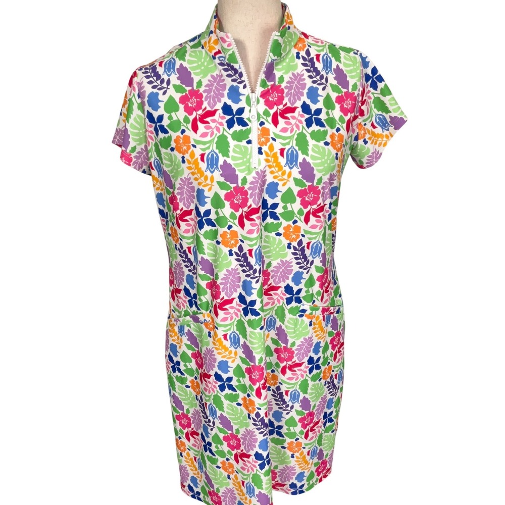 Katherine Way Golf Dress Womens Medium Multicolor Floral 1/2-Zip‎ Athletic Shirt
